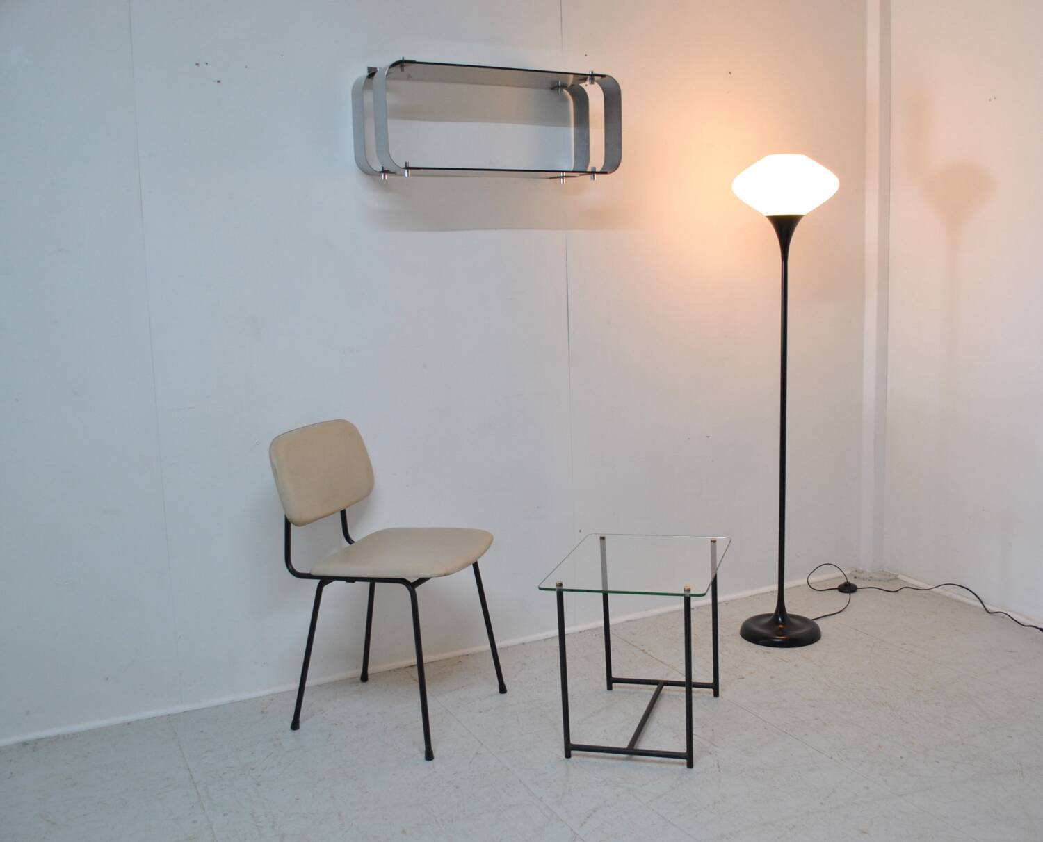 Brushed steel and smoked glass shelf, Donald Singer, 1970