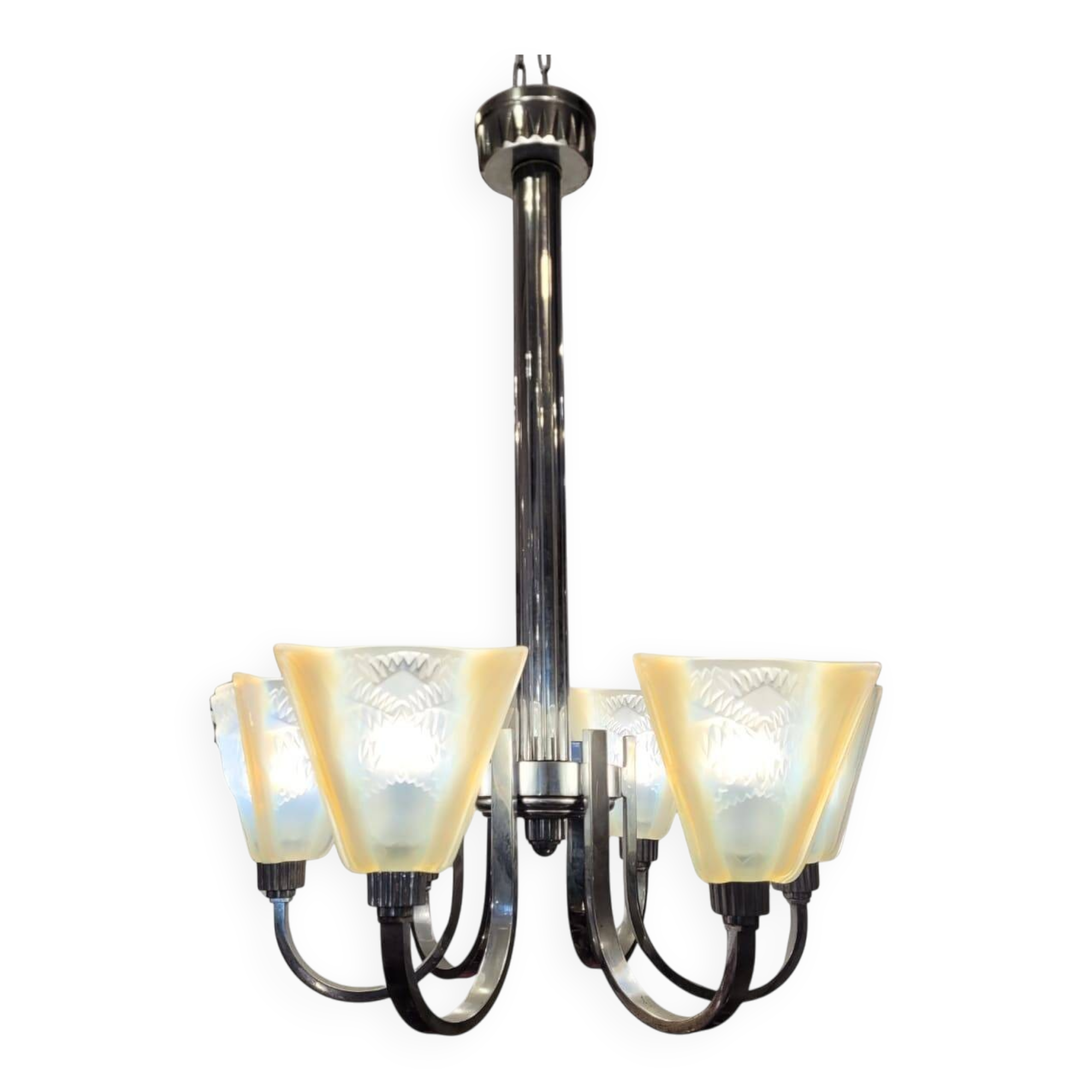 Ceiling light / Chandelier Atelier Petitot Paris, glass and nickel-plated metal, Art Deco, 1930s – France