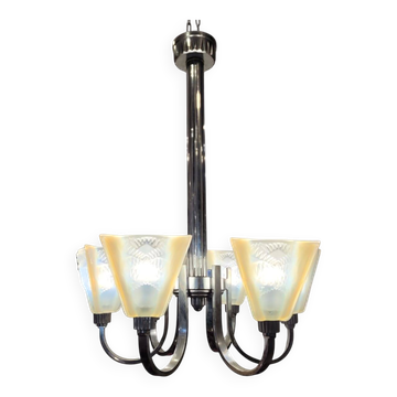 Ceiling light / Chandelier Atelier Petitot Paris, glass and nickel-plated metal, Art Deco, 1930s – France