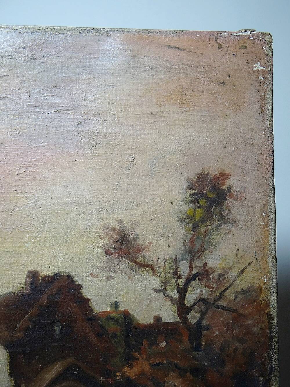 Large painting farm on pond old 19th century signature oil on linen canvas