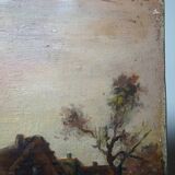 Tableau, huile sur toile en lin signée, "Ferme sur étang", XIXème s.
