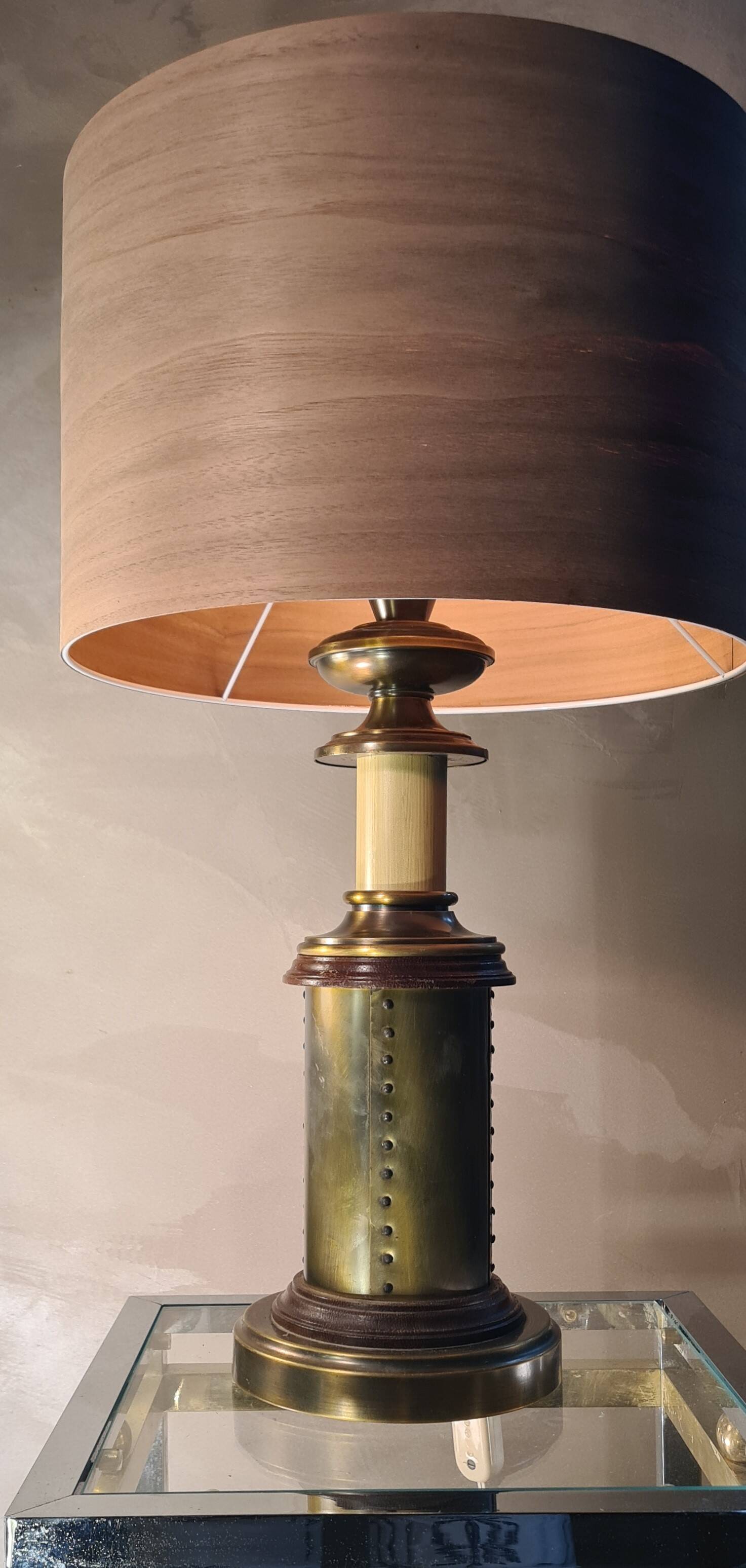 1970 wood and metal lamp in patinated riveted style with superb heavy lampshade in real wood sheet