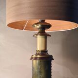 1970 wood and metal lamp in patinated riveted style with superb heavy lampshade in real wood sheet