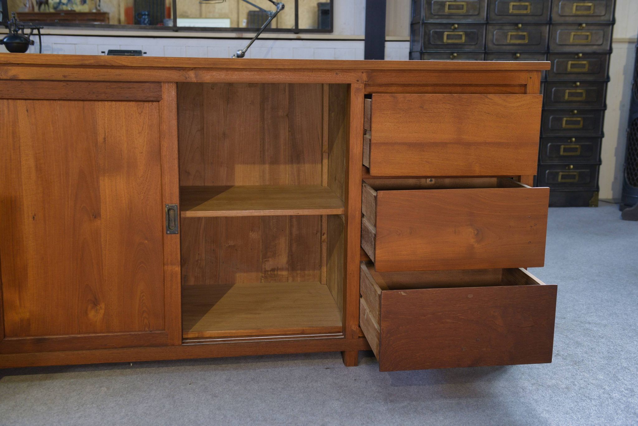 Large teak sideboard with 6 drawers and 2 sliding doors