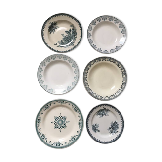 Ensemble six assiettes anciennes dépareillées en vert