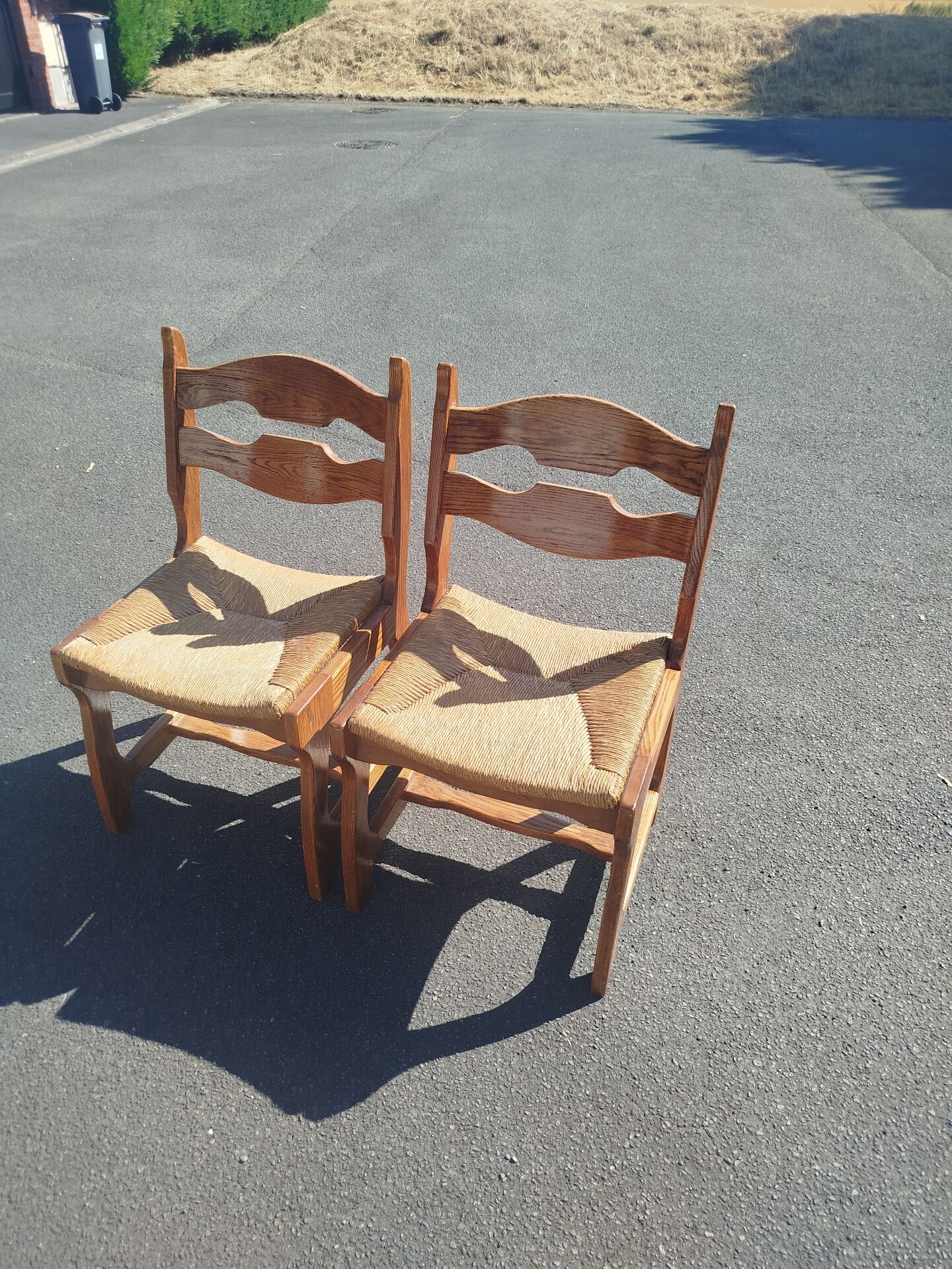 Pair of Brutalist Guillerme and Chambron Chairs in Solid Oak with Wove