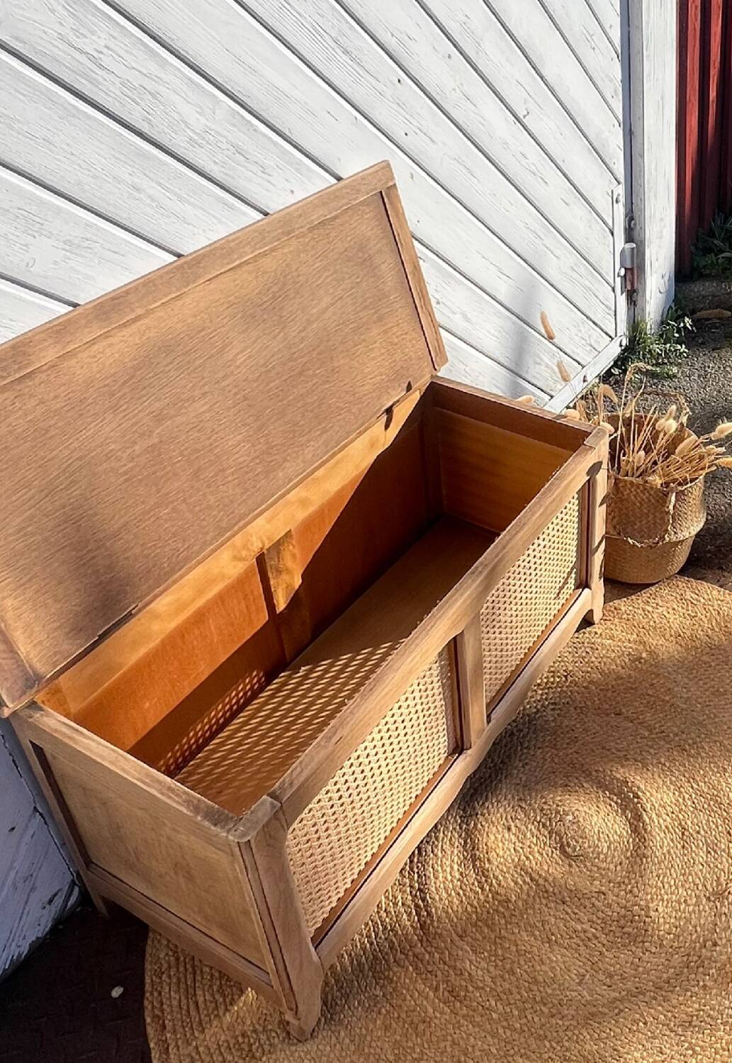 Antique chest in raw solid oak and caning