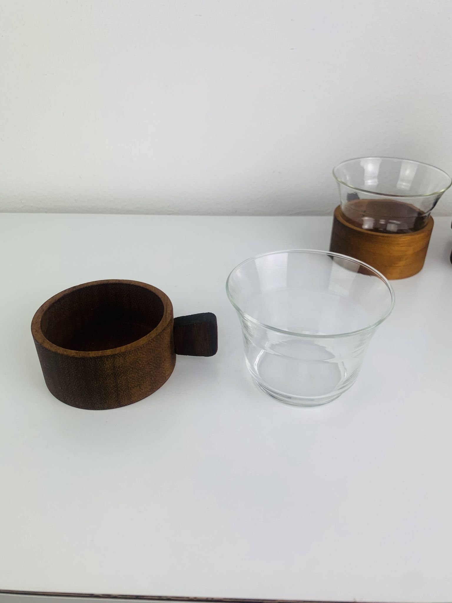4 teak and glass cups in Scandinavian style by Schott Mainz Jena Glas, 60s
