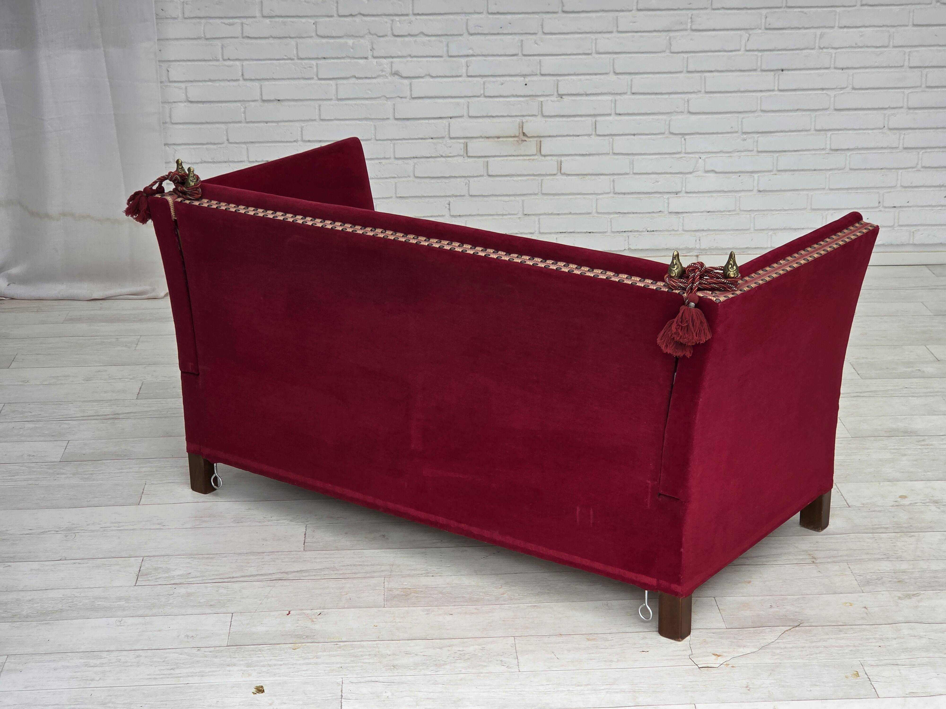 1970s, Danish 2-seater "Spanish" drop arm sofa, red furniture velour.