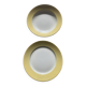 Two earthenware dishes, one hollow and one white cake dish with yellow border
