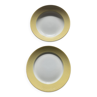 Two earthenware dishes, one hollow and one white cake dish with yellow border