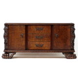 Hand carved 19th century Burr Walnut Sideboard cabinet with big Lion claw / paw feet.