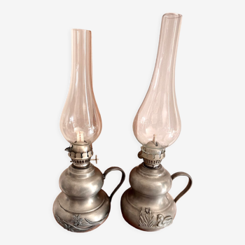 Set of two vintage kerosene lamps in real pewter
