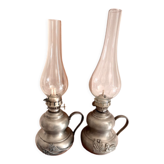 Set of two vintage kerosene lamps in real pewter