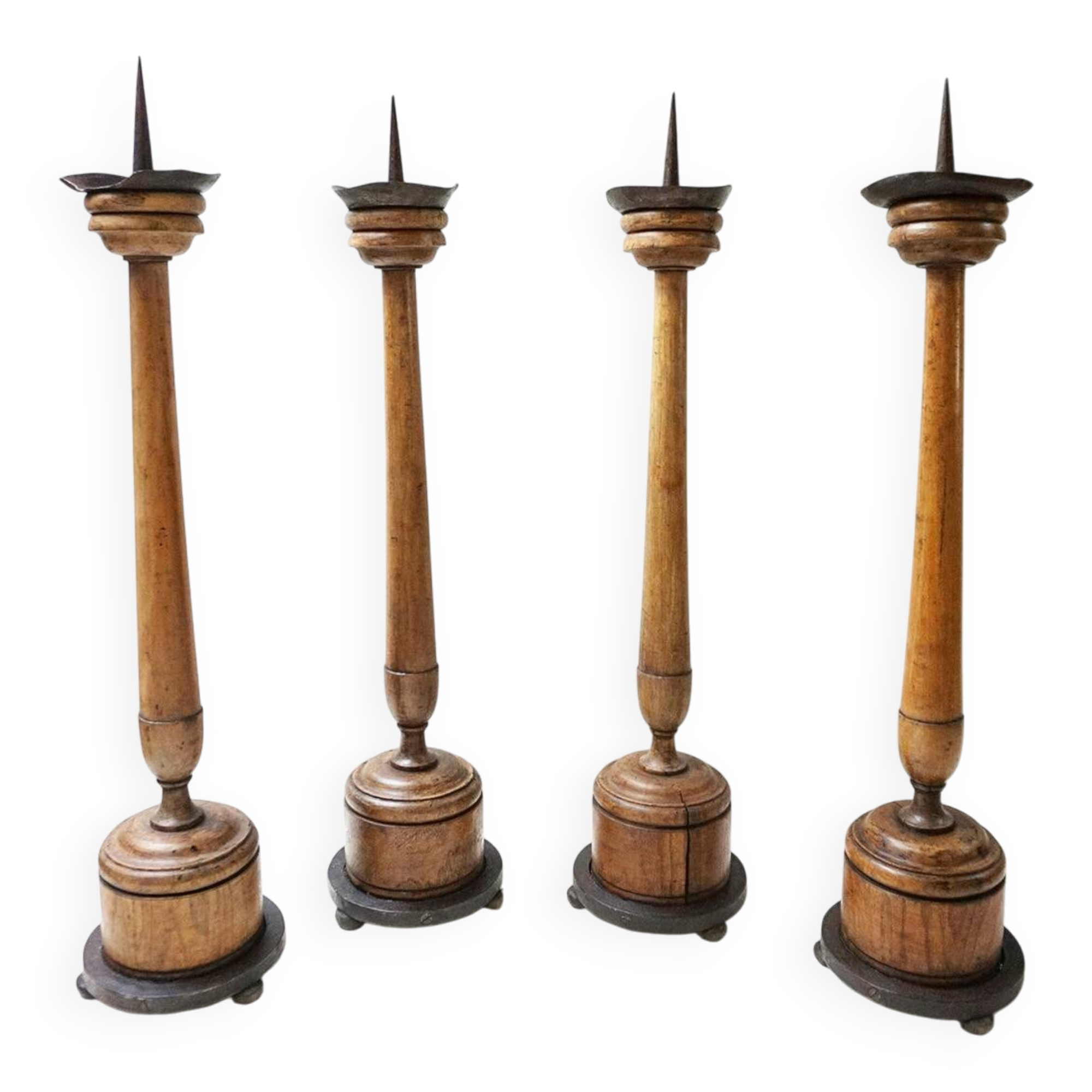 Large Antique French Wooden Candlesticks, 19th Century, Set of 4