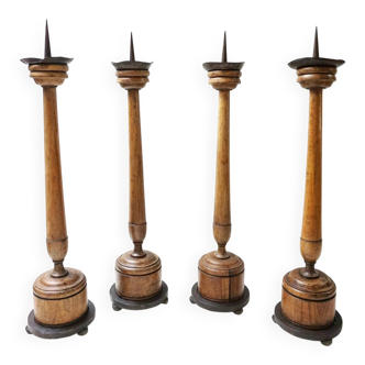 Large Antique French Wooden Candlesticks, 19th Century, Set of 4