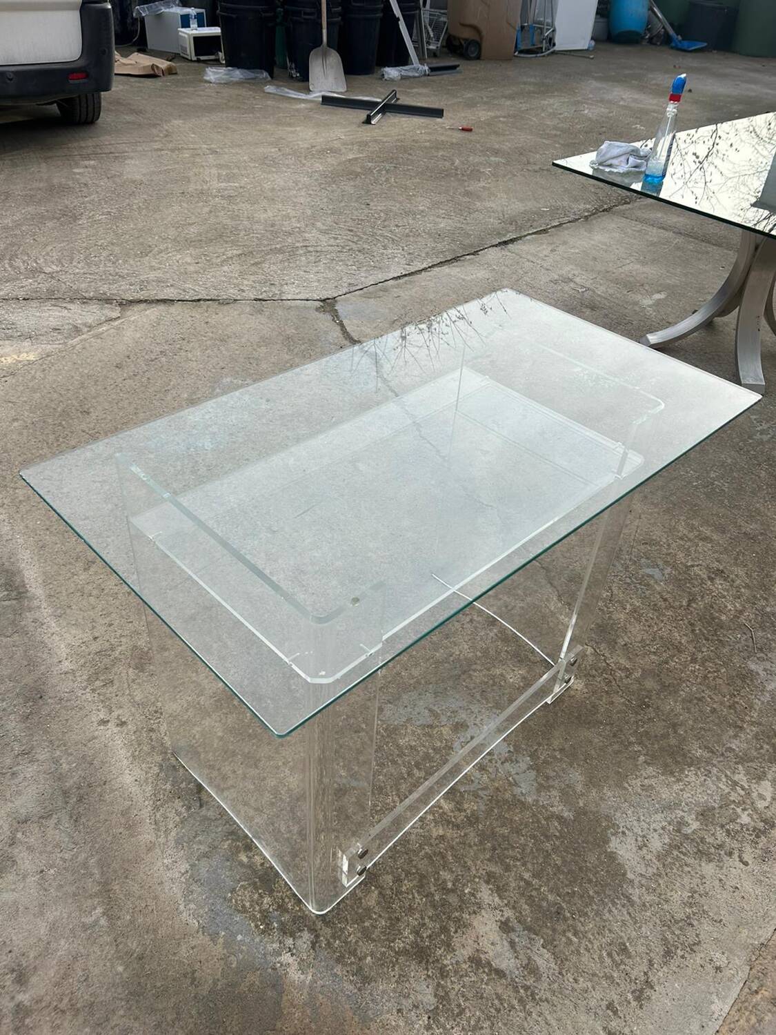 Desk glass top and vintage plexiglass foot