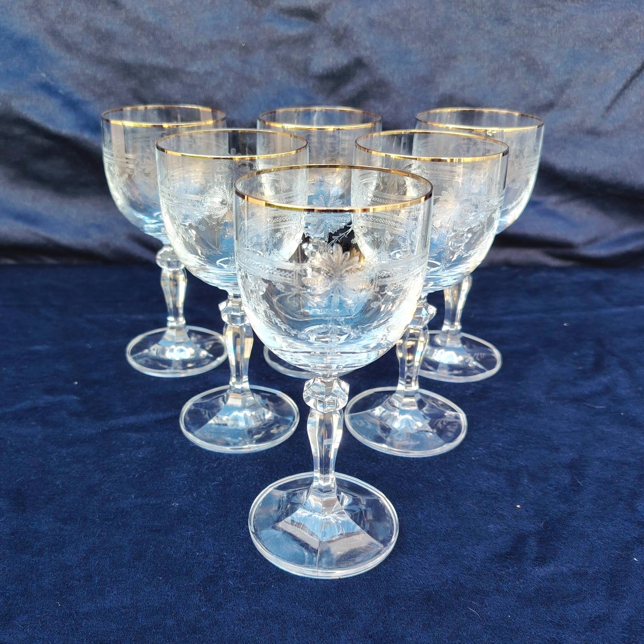 Six vintage wine glasses, cut crystal, gold rim