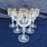 Six vintage wine glasses, cut crystal, gold rim