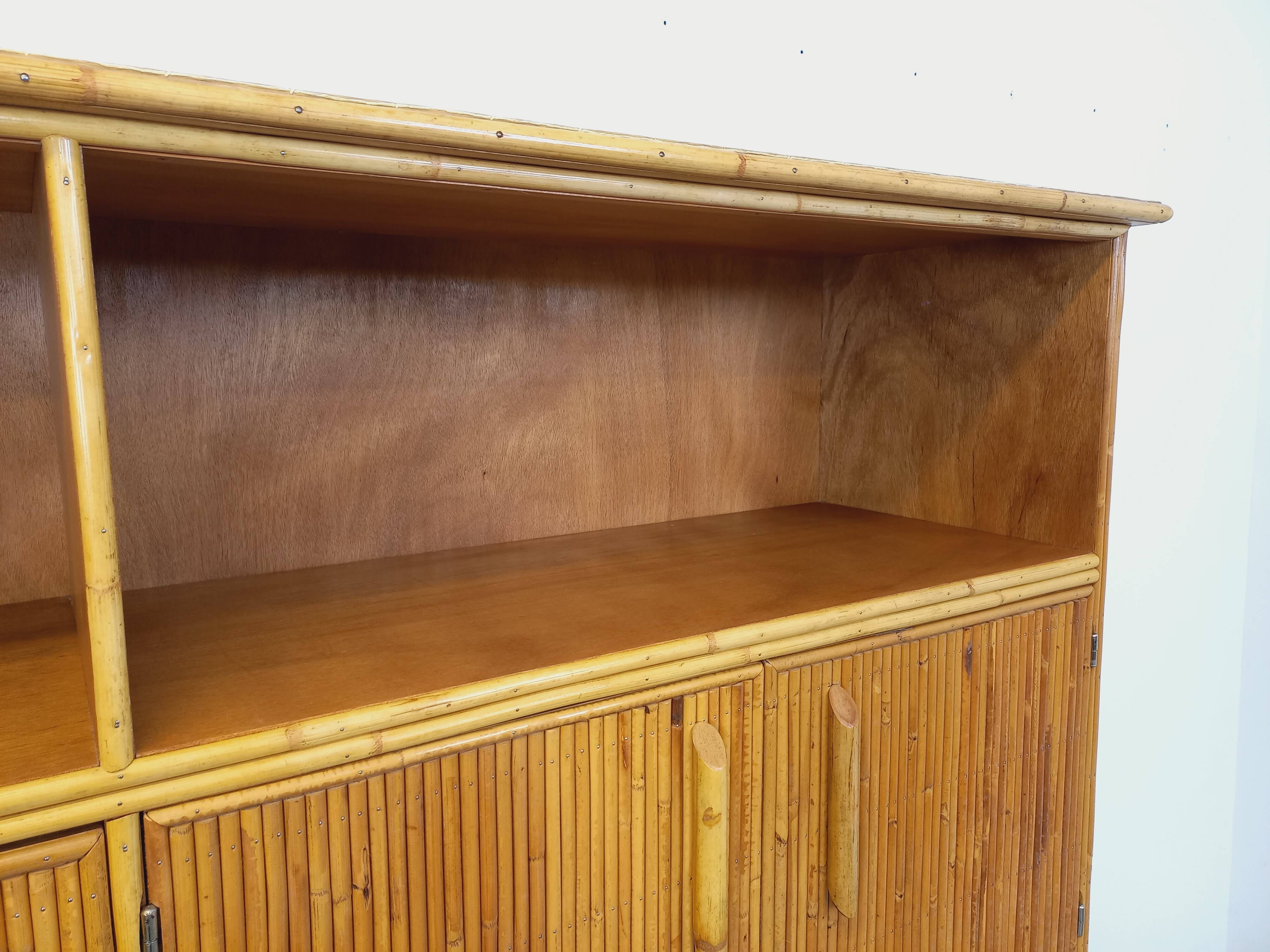 Vintage rattan and light wood storage unit from the 60s