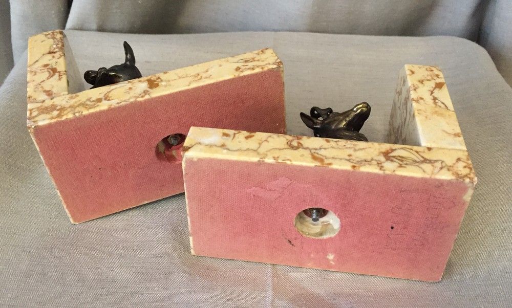Pair of marble bookends and ruler representing a deer with his mother and a deer
