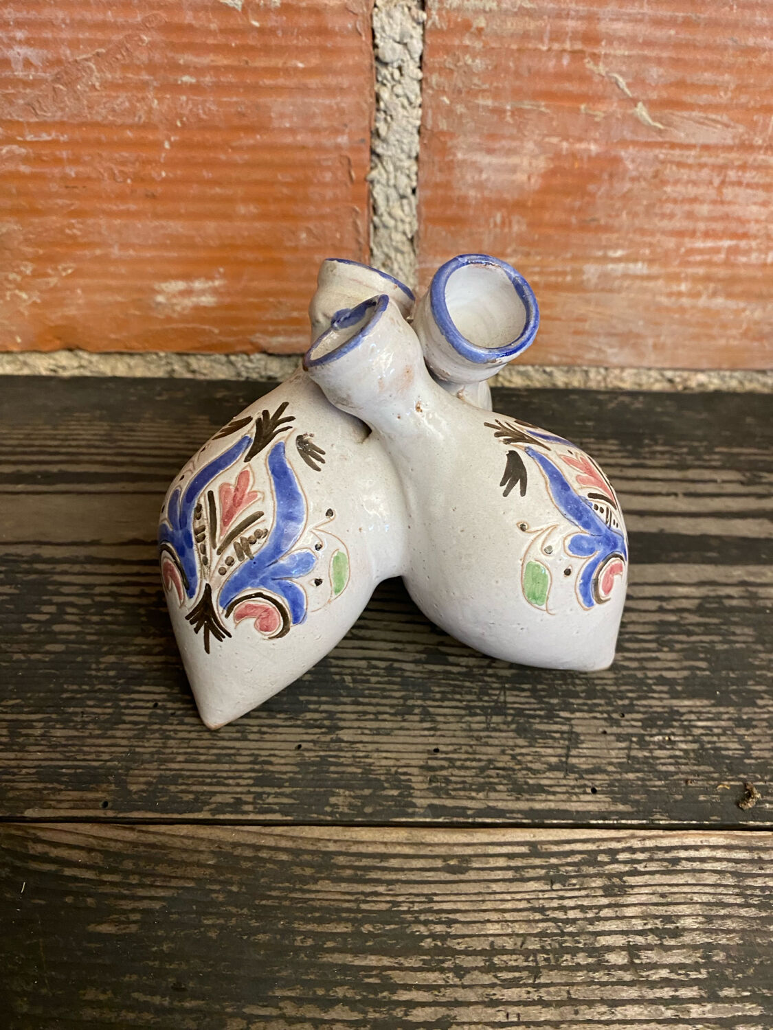 Antique vase with 3 soliflores, chiseled & painted ceramic, vintage