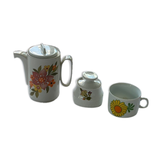 Service à café vintage 1970, cafetière, sucrier et tasse en porcelaine