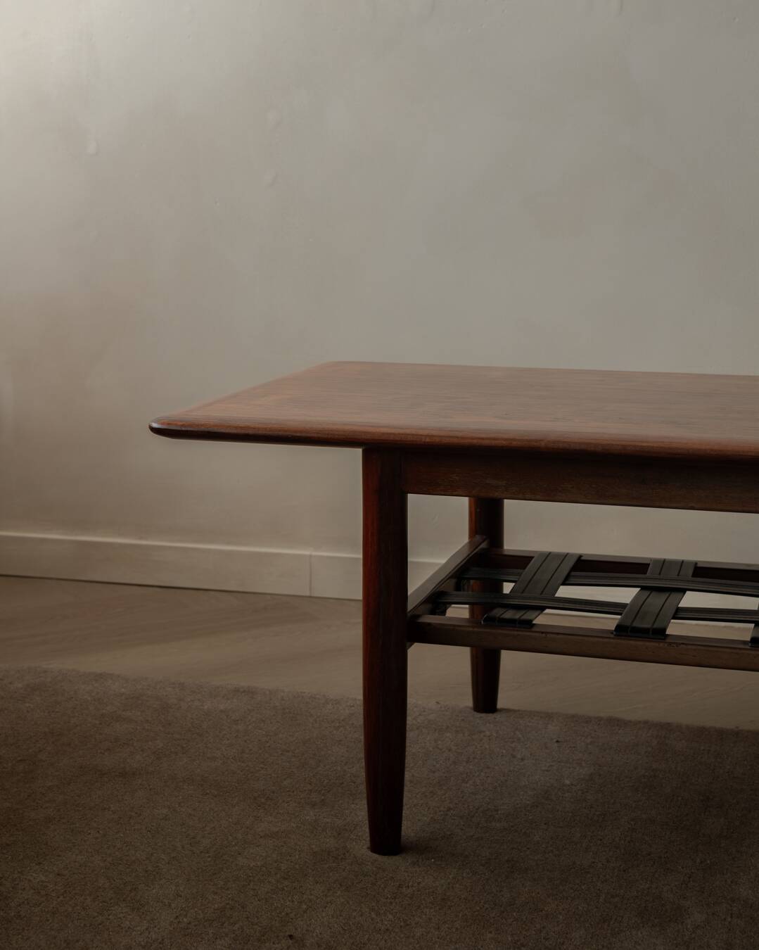 Vintage Rosewood Coffee Table Leather Magazine Shelf Topform Dutch MCM 1960