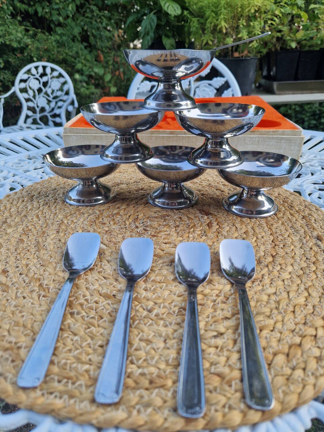 Lot de 6 bols à dessert vintage en acier inoxydable avec 5 cuillères