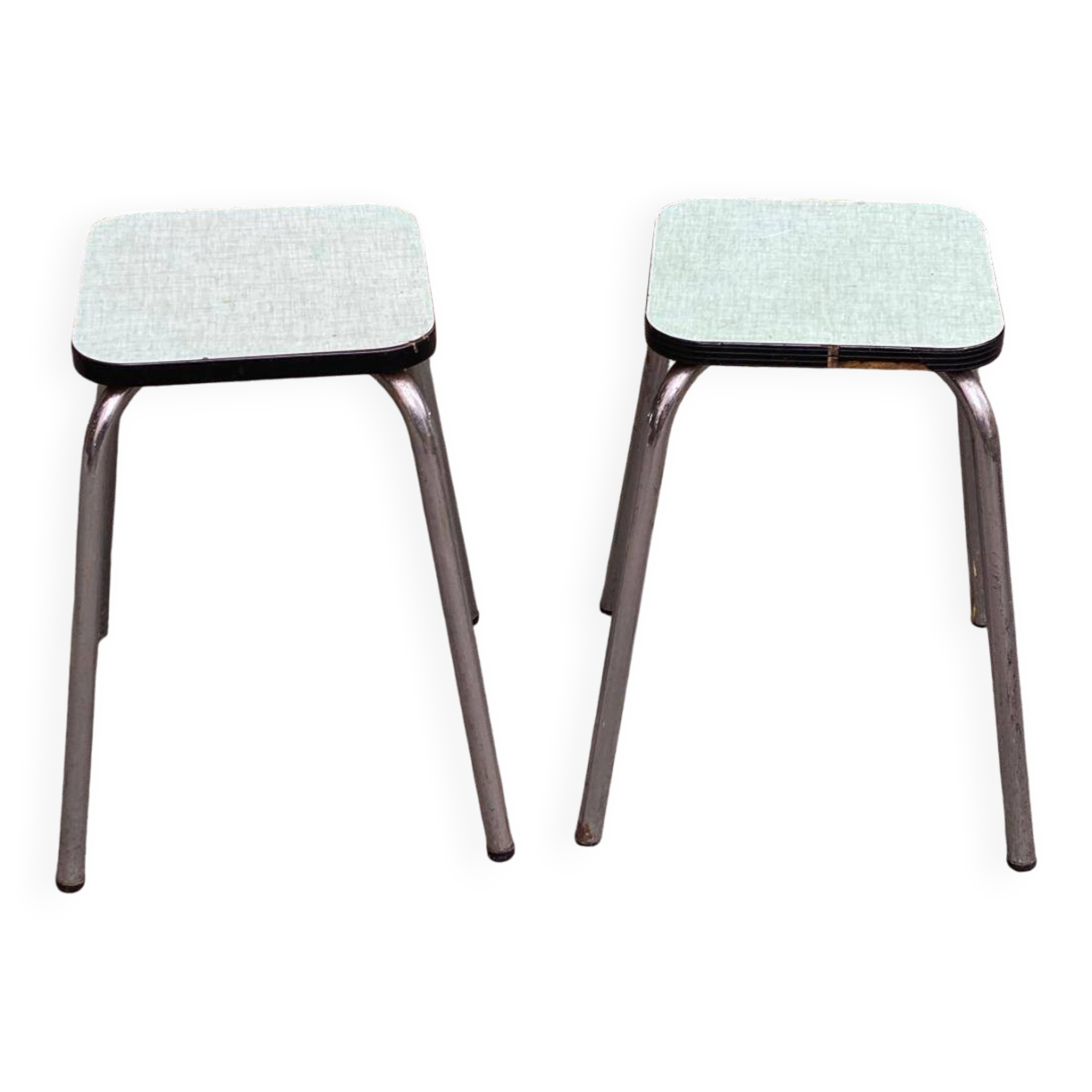 Pair of steel and formica stools, acqua green and steel