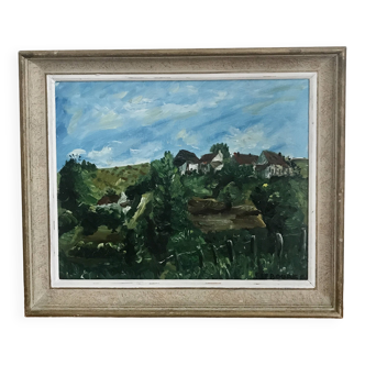 Old painting by Pierre Lebourg, landscape of the Allier