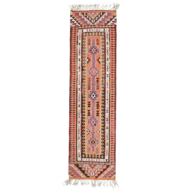 1970s Vintage Turkish Hand-Knotted Wool Cotton Orange Runner Rug 86x326