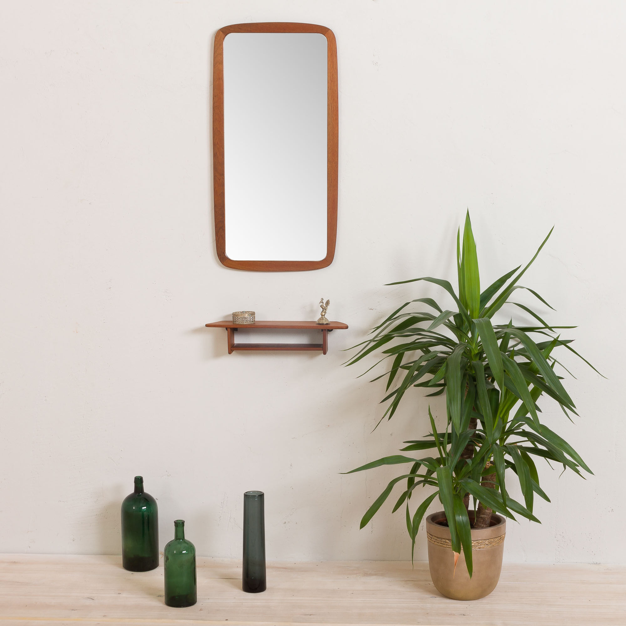 JM teak mirror with organic shape teak console, Denmark, 60s
