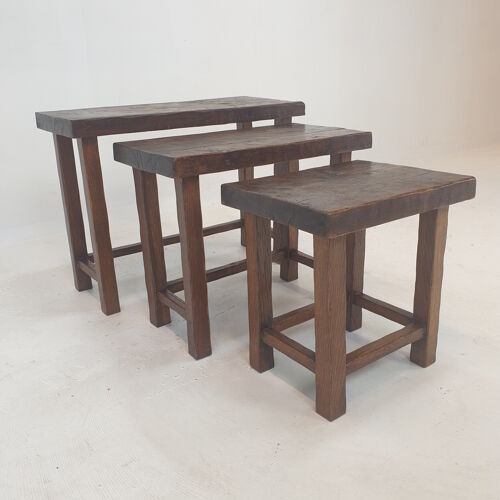 Set of 3 Brutalist Wooden Nesting Tables, Holland 1960s
