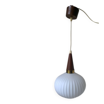 Vintage suspension in opaline, teak and brass by Louis Kalff c.1960