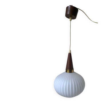 Vintage suspension in opaline, teak and brass by Louis Kalff c.1960