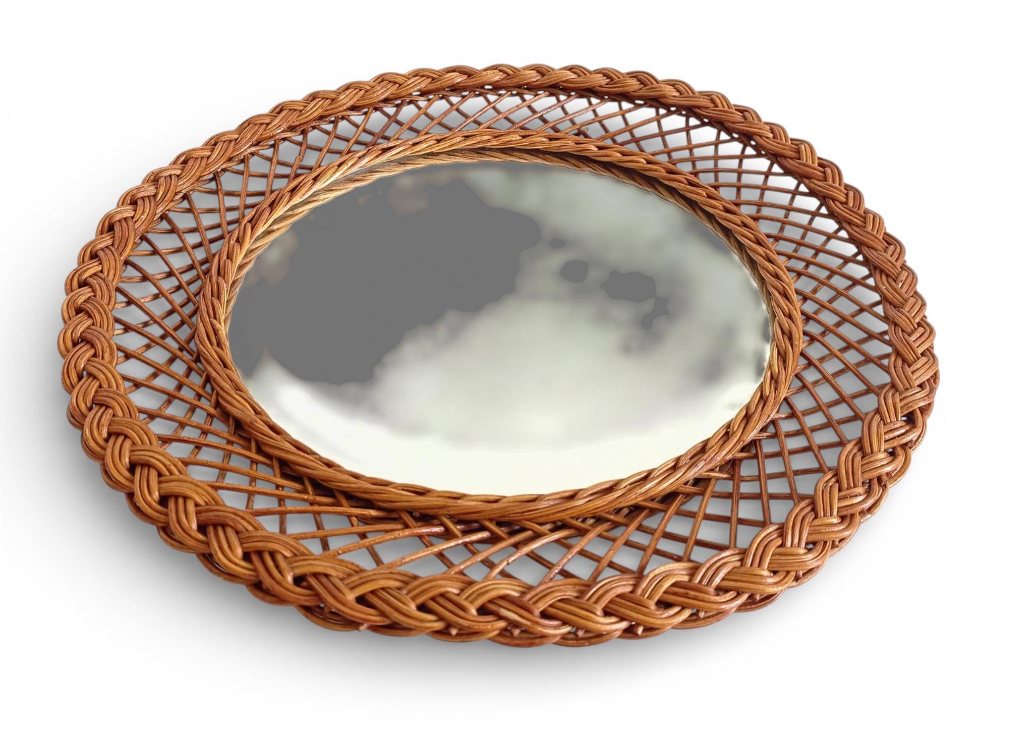 Rustic French Provence Wicker Round Mirror, Organic Modern, Handmade, France