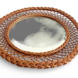 Rustic French Provence Wicker Round Mirror, Organic Modern, Handmade, France