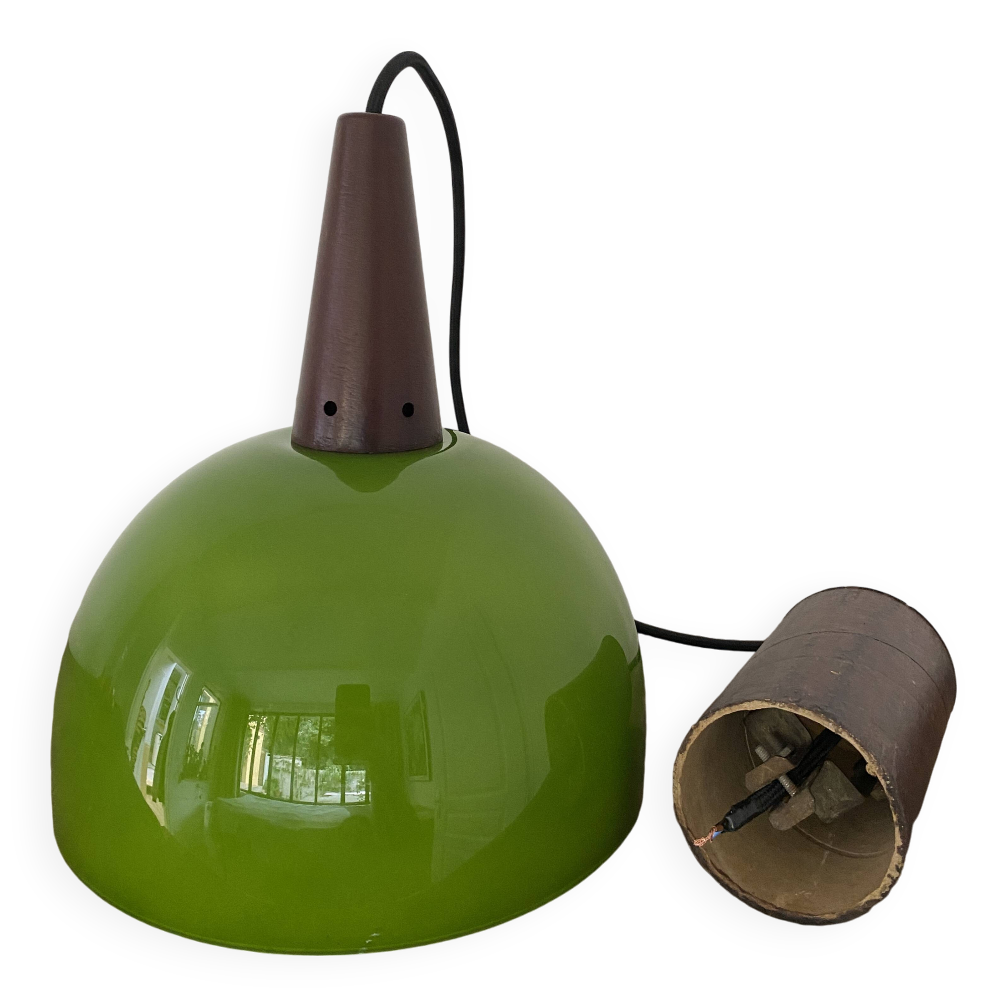 Vintage half globe pendant light in green opaline, imitation teak elements, 50s/60s