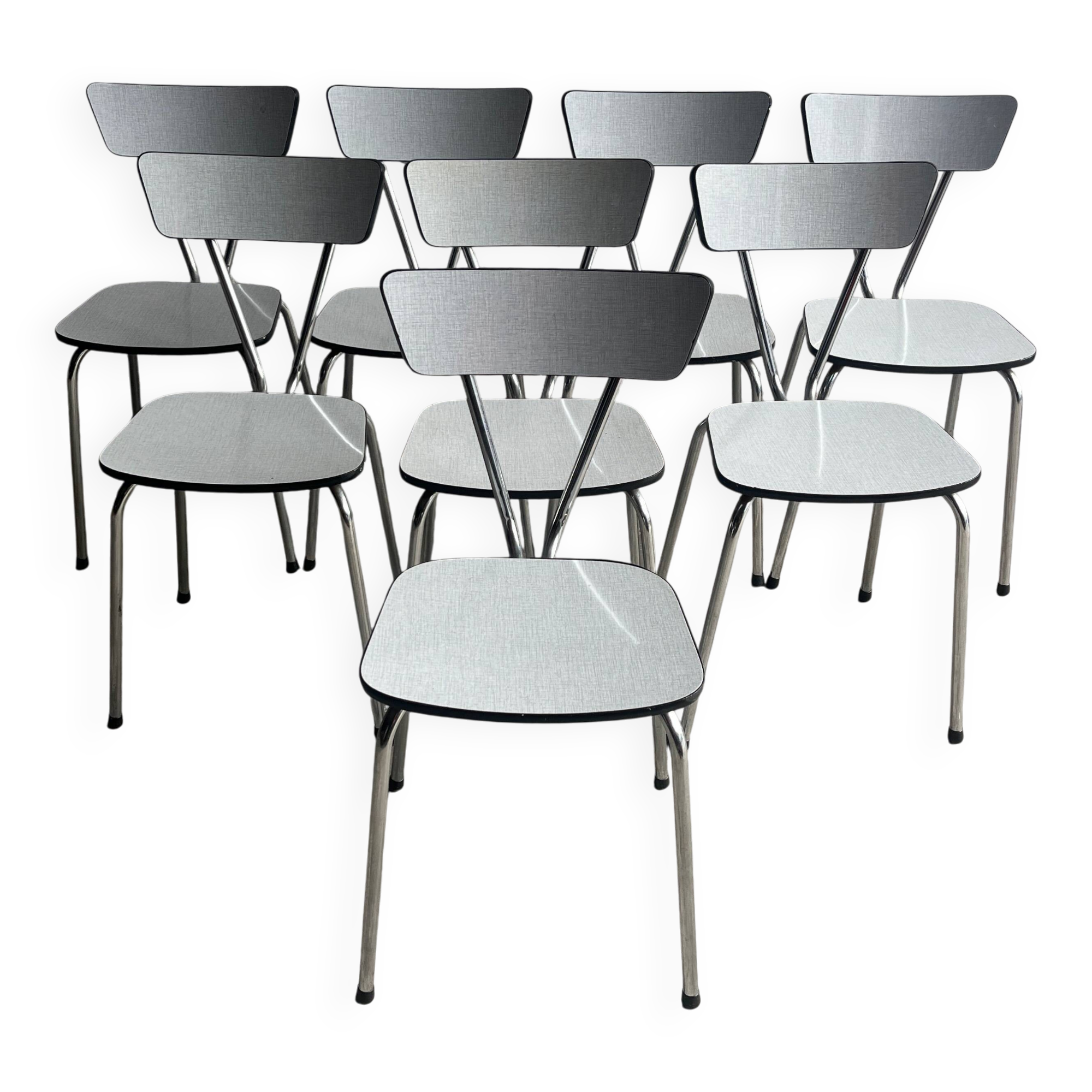 Set of 8 Vintage Mid-century Dining Chairs — Light Grey Laminated Plywood with Chrome Legs