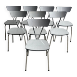 Set of 8 Vintage Mid-century Dining Chairs — Light Grey Laminated Plywood with Chrome Legs