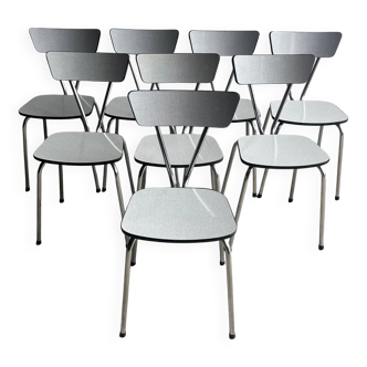 Set of 8 Vintage Mid-century Dining Chairs — Light Grey Laminated Plywood with Chrome Legs