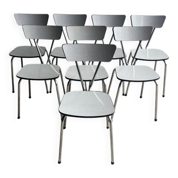 Ensemble de 8 chaises de salle à manger vintage style milieu du siècle — Contreplaqué stratifié gris clair avec pieds chromés