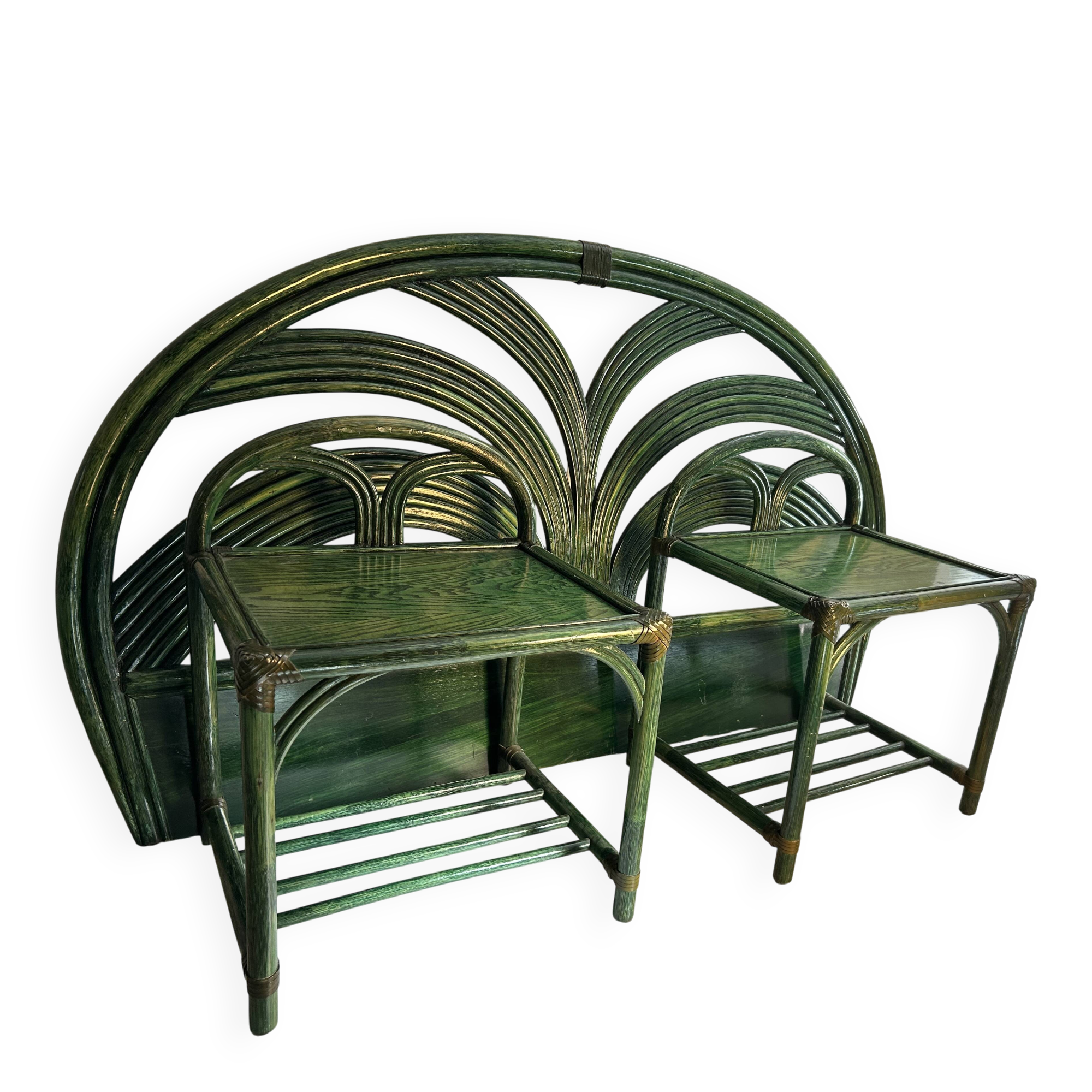 Headboard + 2 rattan bedside tables Maugrion / Roche Bobois 1980s