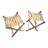 Paire de tabourets pliants vintage en bambou et bois – France, années 60/70