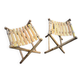 Pair of vintage bamboo and wood folding stools – France, 1960s/1970s