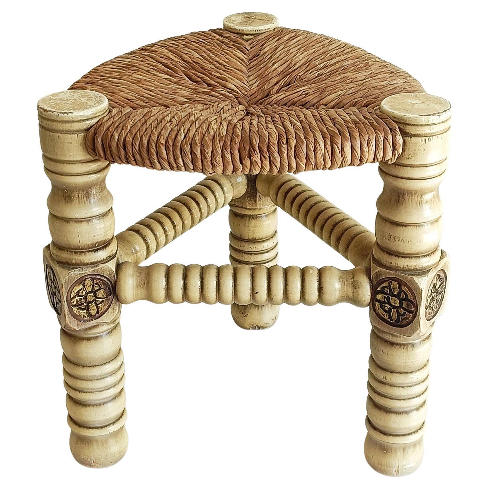 Brutalist Hand-Carved Wood and Fiber Stools, Belgium, Circa 1960s