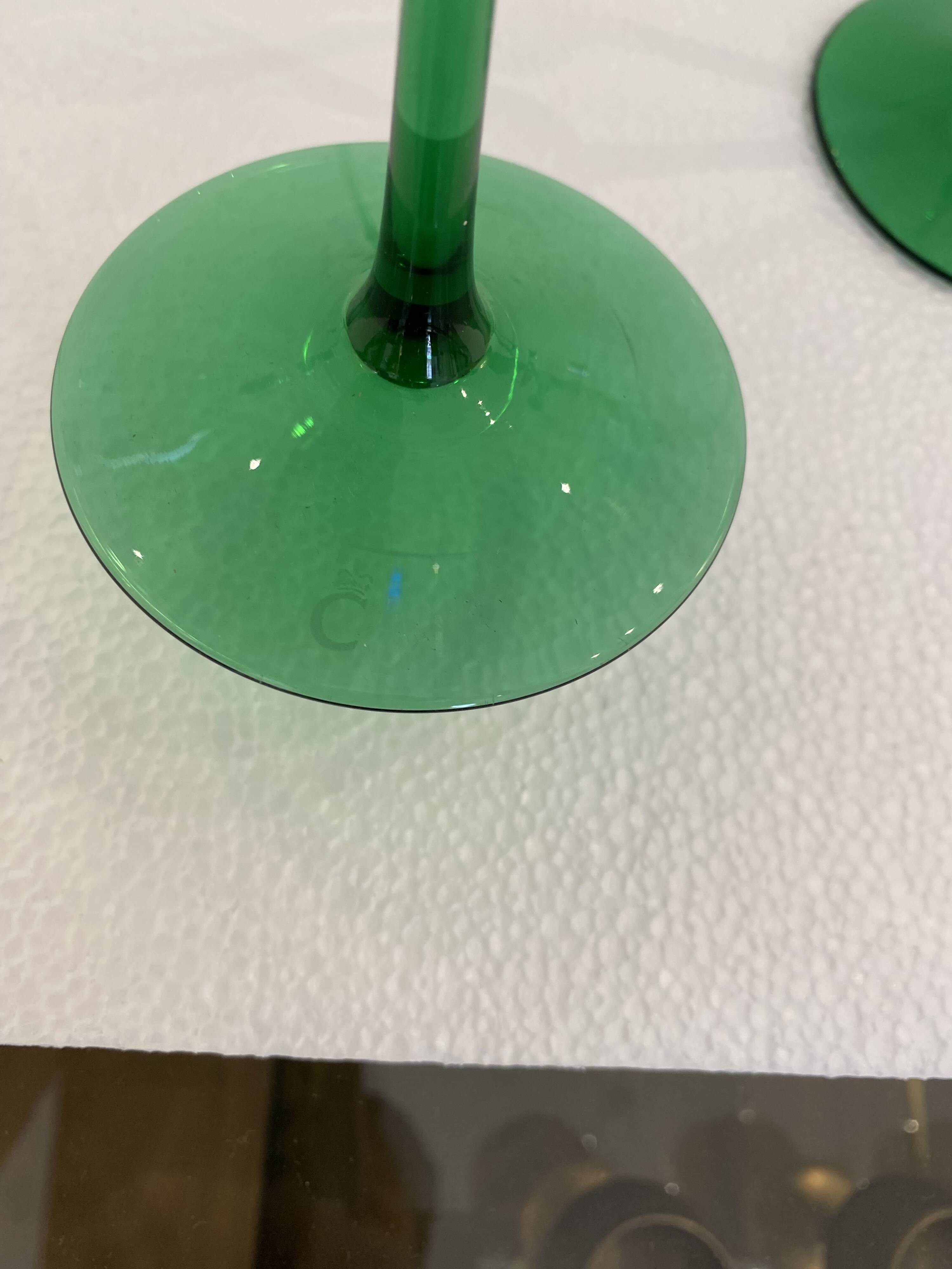 A Set of 6 Hand-blown Emerald Green Cobalt Blue Stem Champagne Flutes Art