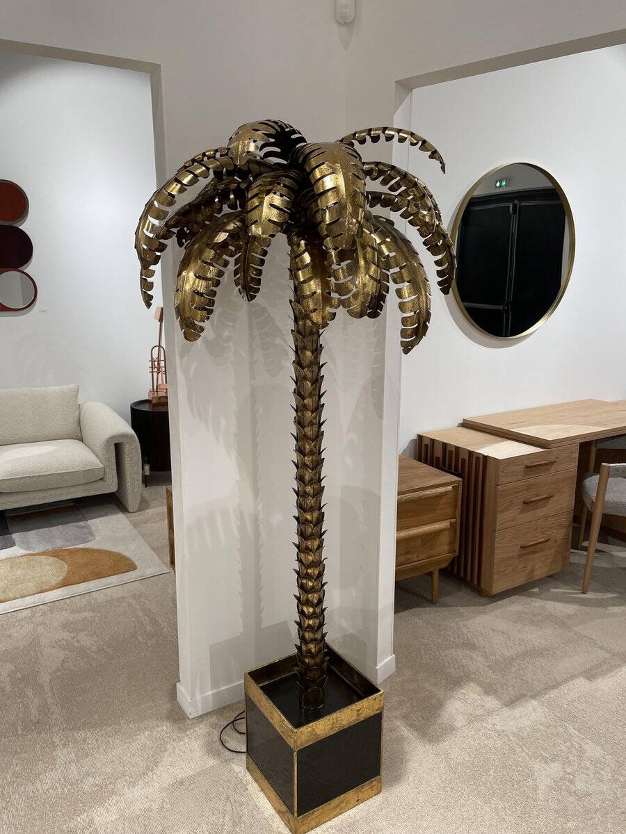 Palm Tree Floor Lamp in Gold Metal and Black Lacquered Mirror