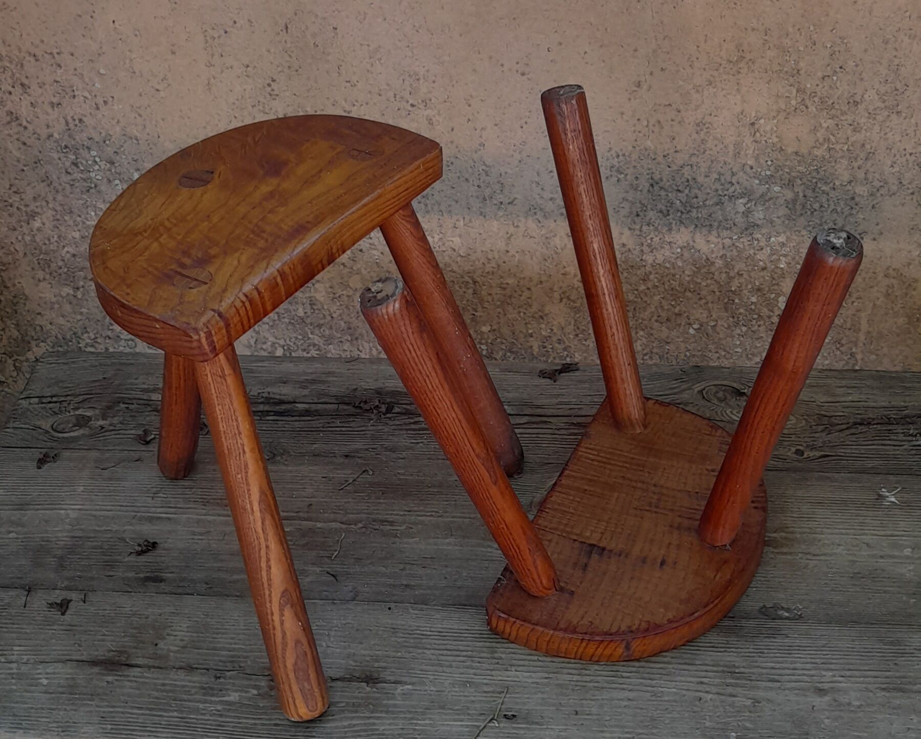 Duo of French half-moon farm stools tripod 60s